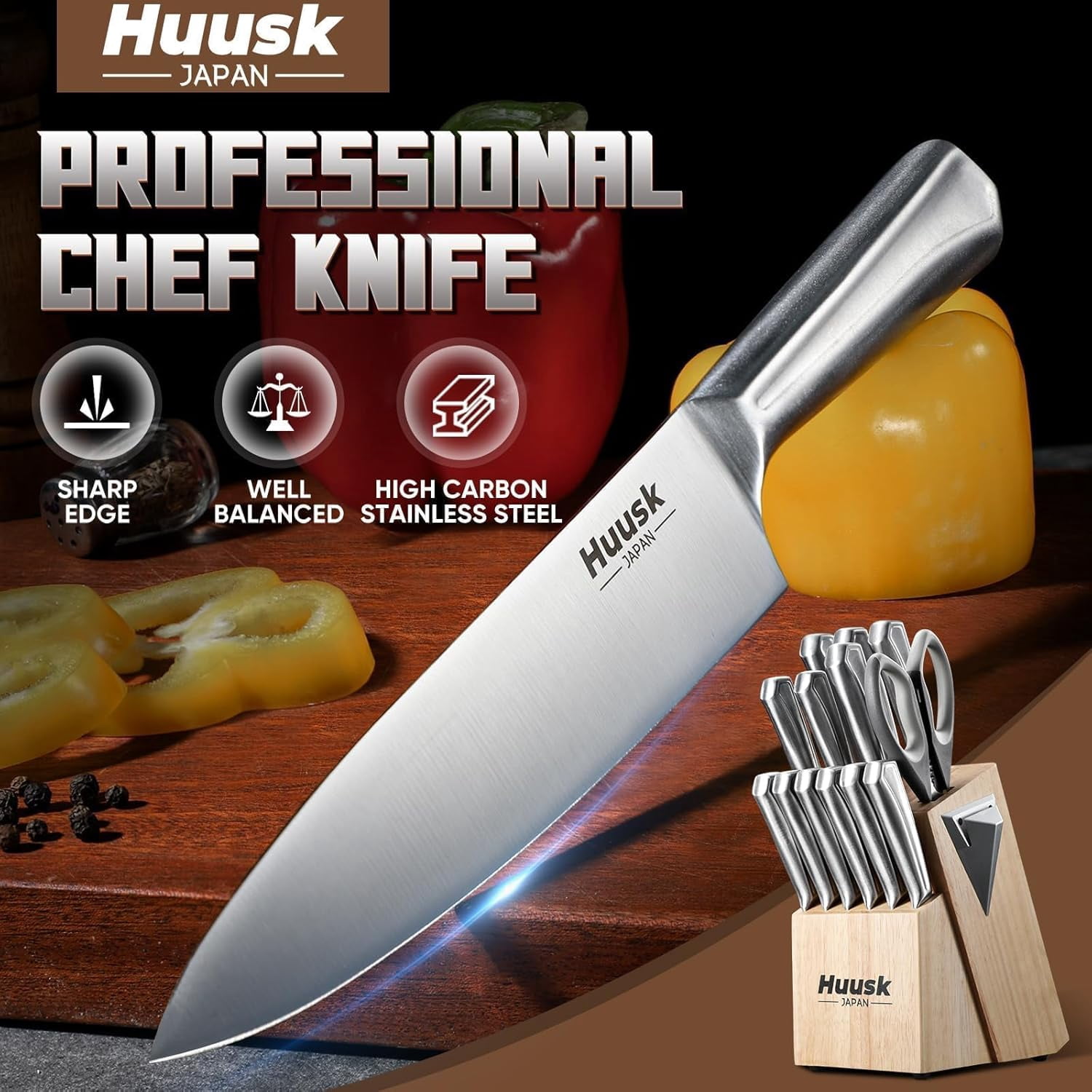 Huusk Kitchen Knife Block Set - 14 Pieces Kitchen Knife Set with Built-in Sharpener, Stainless Steel Knife Set with Ergonomic Handle, Professional Knives Set Festival Gift for Men and Women