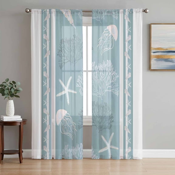 Blue Coastal Semi Sheer Curtains 63 Inch Length 2 Panels Set, Nautical Beach Summer Sea Starfish Coral Sheer Kitchen Curtain Privacy Voile Window Curtain for Living Room Bedroom Rod Pocket Drapes