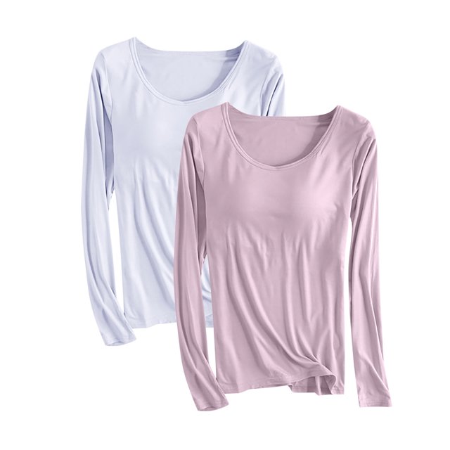 Pijama de manga larga para mujer, ropa de casa de color con almohadillas para el pecho, camiseta de manga larga, cómoda base para uso externo, pijama de modal de cuello redondo para mujer.