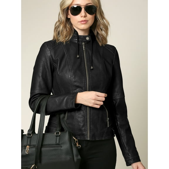 Made by Johnny Women's Faux Leather Quilted Motorcycle Jacket with Hoodie L BLACK
