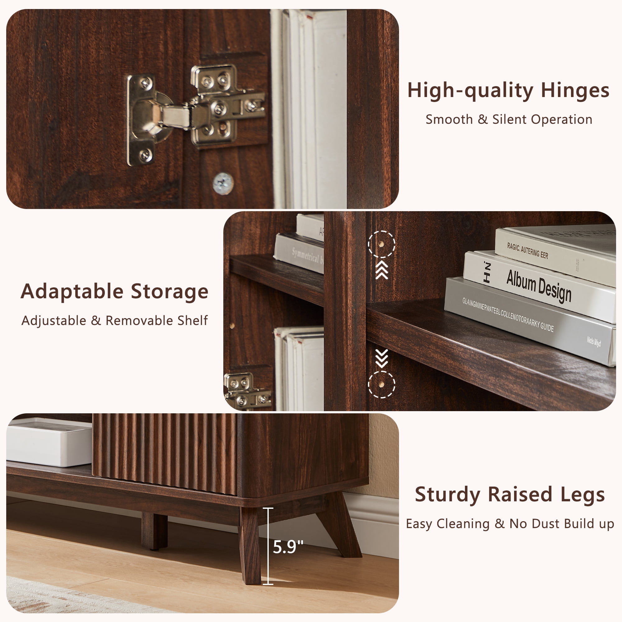 KeyWhat 70" Mid-Century Modern TV Stand for 75" TV, Fluted Doors, Drawers & Adjustable Shelves