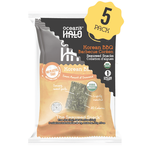 Ocean's Halo Organic 5-Pack Korean BBQ Seaweed Snack, No Plastic Tray, 20g, OCEAN'S HALO ORG KRN BBQ SEAWEED SNCK
