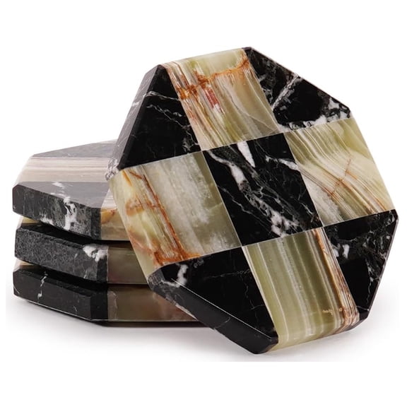Elborse Handmade Marble Coasters Set of 4, 4” Black Green Natural Stone Drink Coasters, Elegant Table Protection for Kitchen, Dining & Home Décor