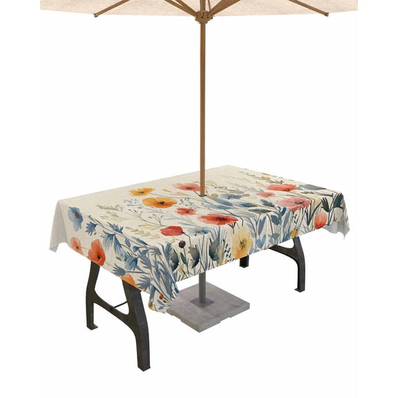 Fsddascl Spring Floral Outdoor Tablecloth - 52x70 Inch Rectangle Dining Table Cover, Watercolor Elegant Summer Botanical Rustic Waterproof Outdoor Table Cloth with Umbrella Hole & Zipper for Patio