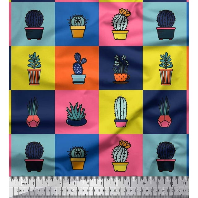 Soimoi Silk Fabric Cactus Tree Fabric Prints by Yard 42 Inch Wide
