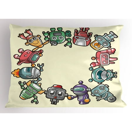 Kids Party Pillow Sham Friendly Robot Characters Circle Futuristic Sci Fi Machines Cute Children Toys, Decorative Standard Size Printed Pillowcase, 26 X 20 Inches, Multicolor, by