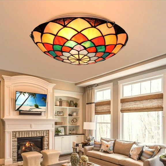 KPIBEST 12-Inch Flush Mount Stained Glass Ceiling Light, 2-Light, for Bedroom