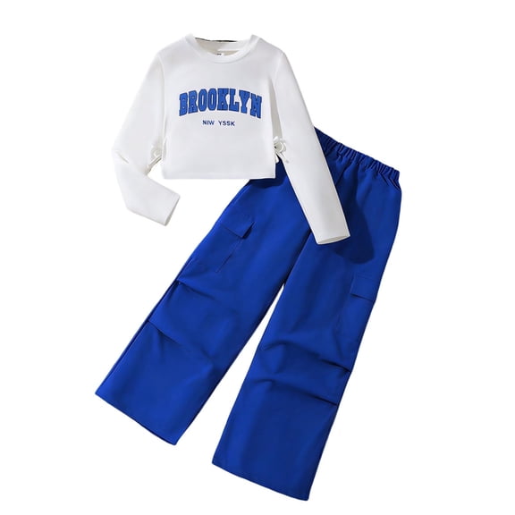 hoksml Girls' 2-Piece Casual Outfit Letter Print Long Sleeve Tee and Cargo Pants, Versatile Tween Set