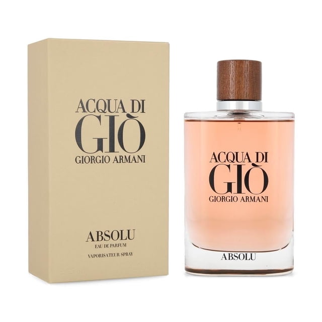 Loción caballero Giorgio Armani Acqua Di Gio Absolu 125Ml Edp Spray con frasco rectangular de vidrio transparente que contiene líquido ámbar claro, tapa de madera oscura y caja beige con texto negro, fragancia amaderada ideal para el hombre moderno que busca sofisticación y estilo.