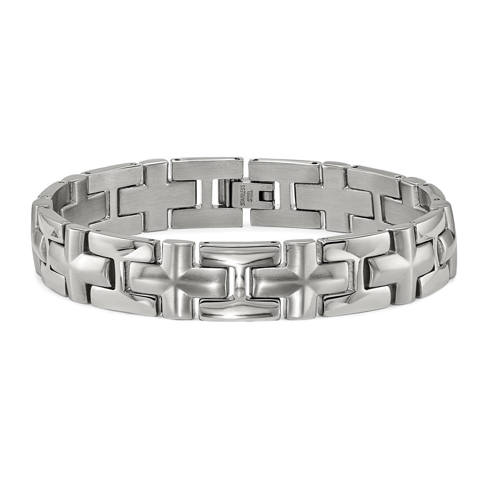 Diamond2Deal Stainless Steel Brushed and Polished Cross Link Bracelet for Men 8.5"