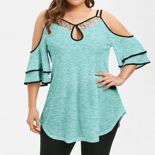 Puntoco Tallas grandes Mujer Verano Casual Correa Hombro con fugas Lentejuelas Camiseta de manga corta Puntoco Puntoco-9010