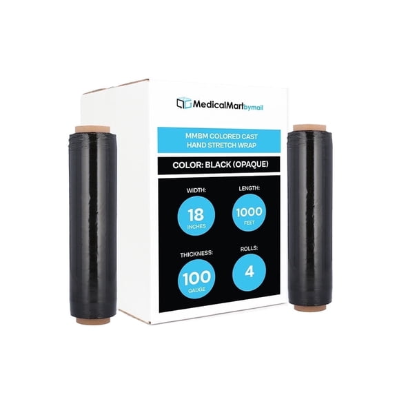 MMBM Cast Hand Stretch Wrap Black 18" x 1000' 4 Rolls 100 Gauge Opaque Plastic Film for Packing and Wrapping