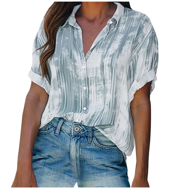 Womens Short Sleeve Blouses Womens Button Printed Short Sleeve Backswing Length V-Neck T- Blouses Women Short Sleeve Tops Women Short Sleeve Blouse Short Sleeve Tops for Women