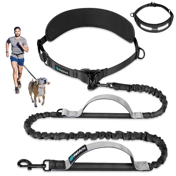 PetAmi Hands Free Dog Leash with Padded Lumbar Waist Belt, Shock Absorbing Bungee, Quick Release Buckle, Dual Handle, Running Jogging Walking Leash for Medium Large Dogs Up to 125 lbs, Grey