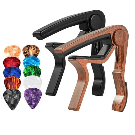 RYLZX 2 Pack Guitar Capo for Acoustic and Electric Guitars - Black and Rosewood Color with 10 Picks