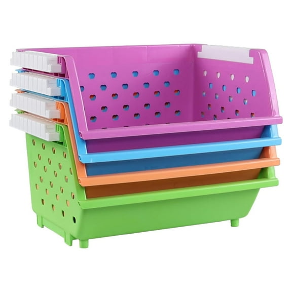 4-Pack Large Plastic Stackable Storage Basket, Multi-functional Colored Toy Stacking Bins