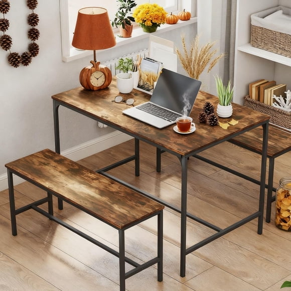 Mesas de Comedor con 2 Bancos para 4 a 6 Personas Comedor 2 en 1 Mesa de Cocina Moderno Marron