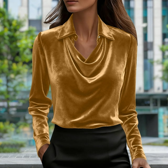 HongQid Blouse en Velours à Manches Longues pour Femmes, Col Bénitier, Drapée, Travail Bureau, Unie, Hauts pour Dames