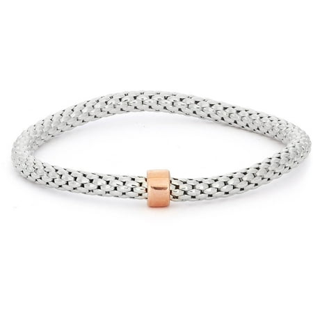 Giuliano Mameli Sterling Silver Rhodium-Plated Popcorn Chain Bangle with Rose Gold-Plated Rondell