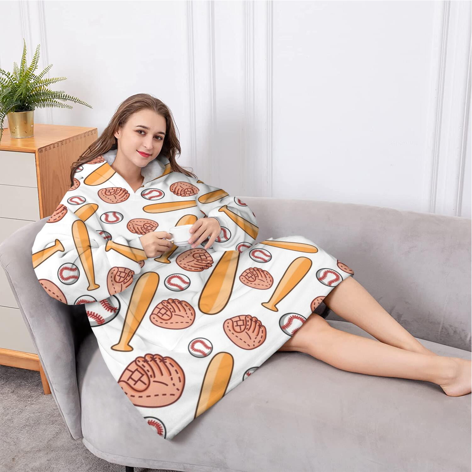 Oversized Wearable Blanket Hoodie,White Orange Baseball Gear Pattern Sherpa Blanket Hoodie with Super Pockets,Super Warm Fuzzy Pullover for Women & Men