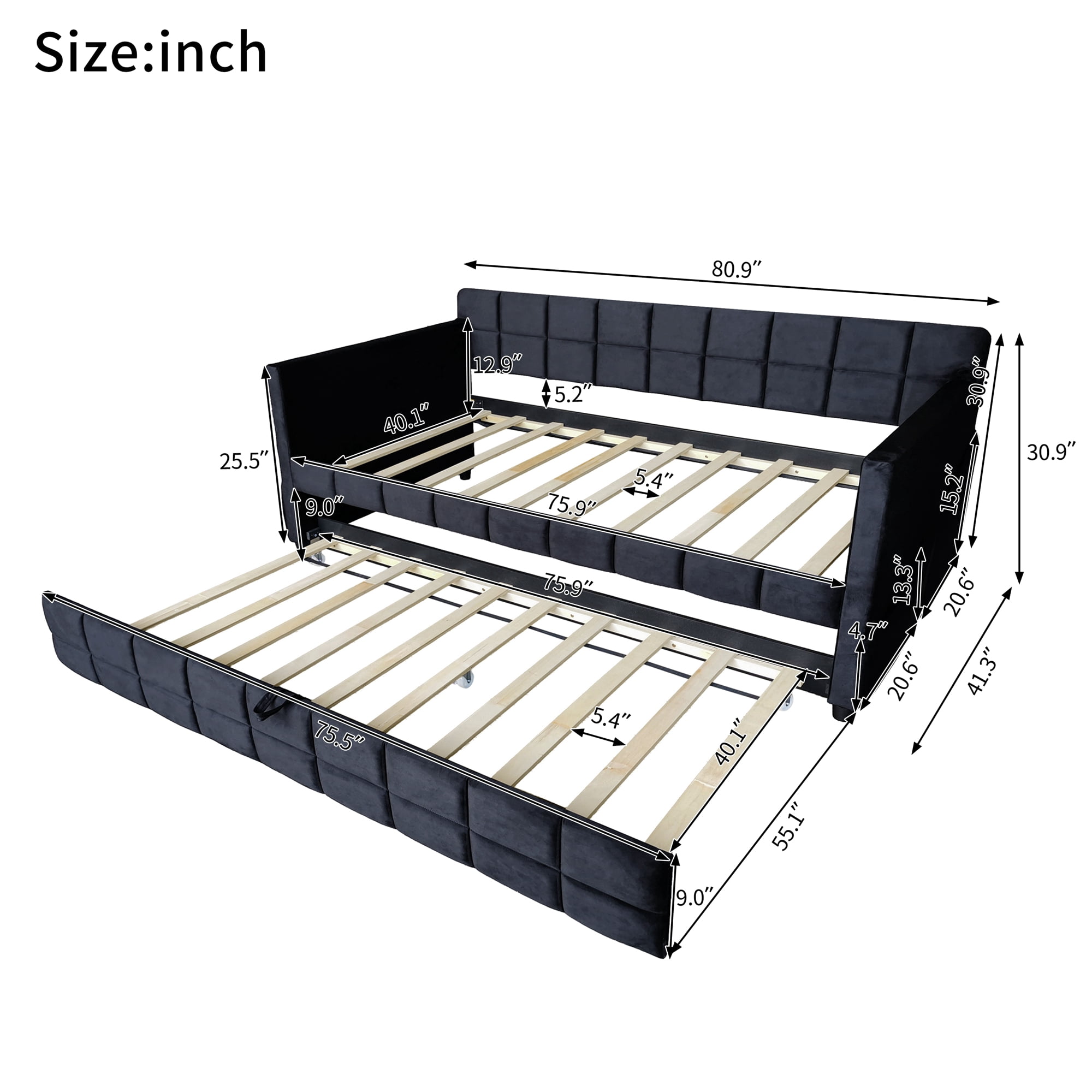 Aukfa Modern Twin Daybed with Trundle, Velvet Upholstered Bed Frame with Storage Pockets, Space-Saving Sofa Bed for Living Room, Bedroom, Black
