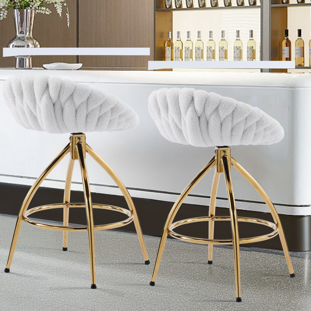 IVV Teddy Velvet Swivel Bar Stools Set of 2 - White Weaving Style Upholstered Counter Height Chairs with Gold-Plated Iron Legs, for Kitchen or Home Bar