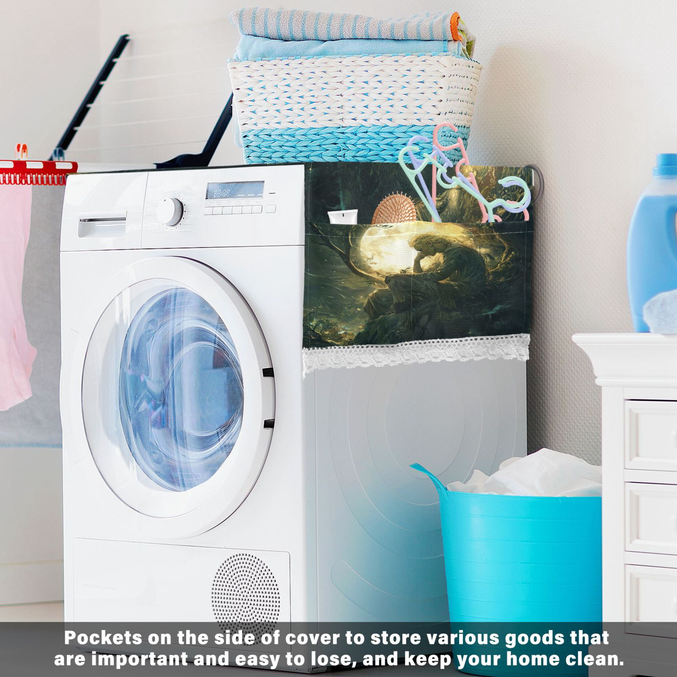 Reflections under The MoonWasher and Dryer Covers Dust-Proof and Oil Resistant Fridge Cover with 4 Storage Pockets Washing Machine Top Cover for Laundry Kitchen Home 51.2 x 22 In