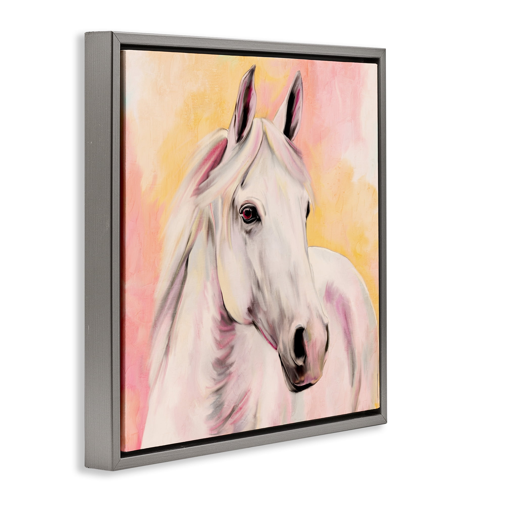 Sunset White Horse Gray Framed Floater Canvas Wall Art, design by Kim Allen