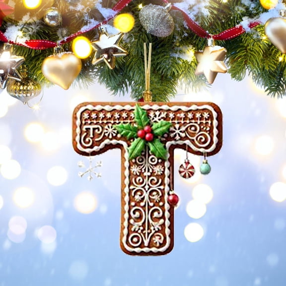 Personalized Christmas Letter T Ornament, DIY Gingerbread Acrylic Alphabet Decoration with Holly and Candy Cane, Hanging Tree Gift Tag for Party