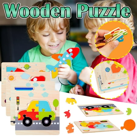 SPOORYYO 4-Piece Wooden Educational Puzzle Toy Set - Geometry Matching Boards for Children to Learn Shapes and Colors