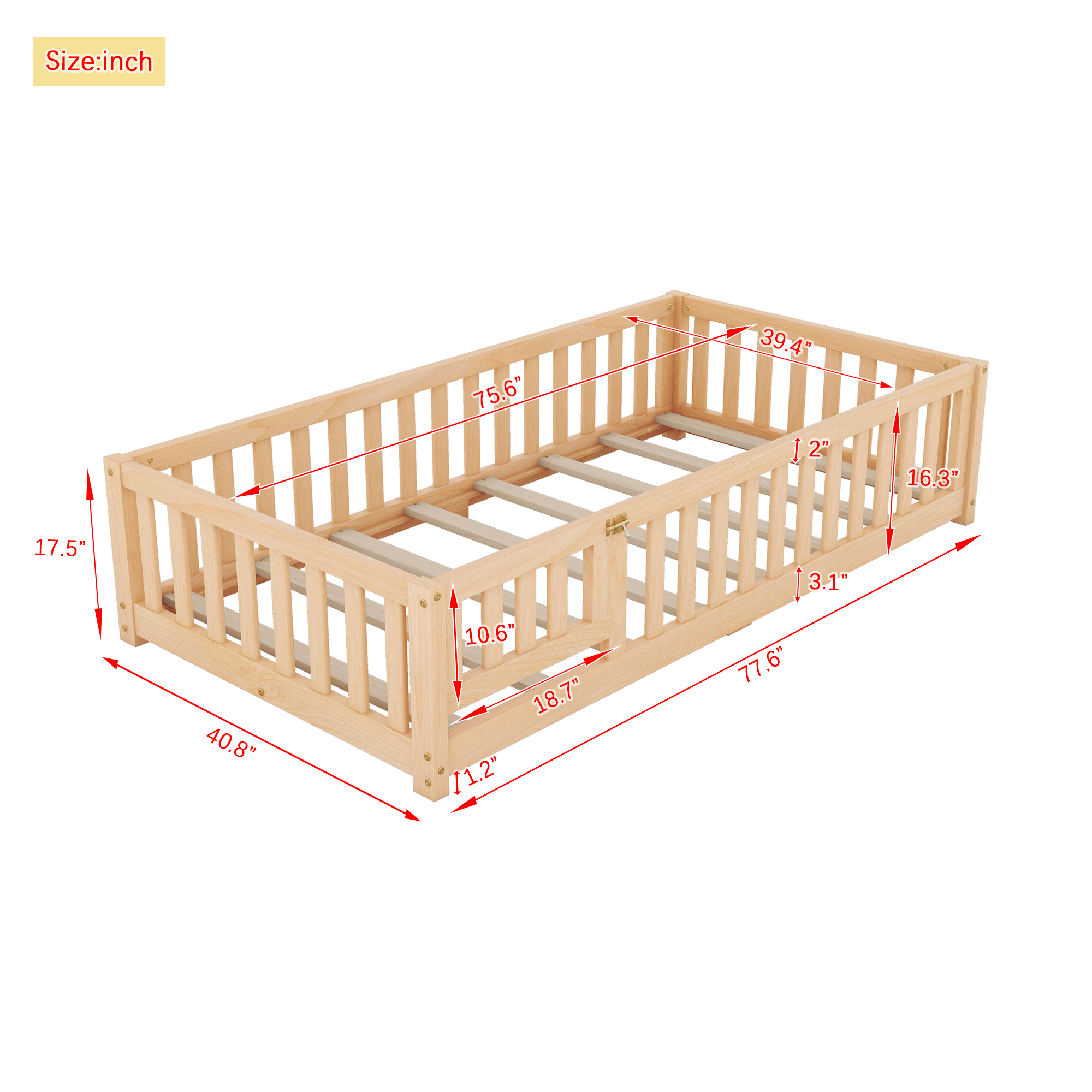 DEALTOPS Twin Size Floor Bed with Safety Guardrails and Door Montessori Wood Bed Frame for Kids, Natural
