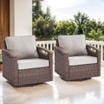 thumbnail image 2 of POCASSY Swivel Patio Chairs Swivel Rocker Set of 2, Dark Brown Hand-Brushed Arms 360° Swivel Glider Chairs with All Weather Brown Wicker & 4" Cushion for Porch Balcony in Beige, 2 of 10