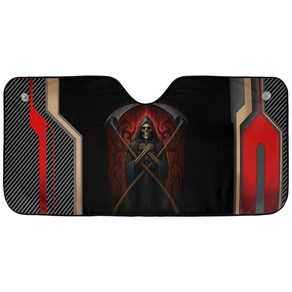 Grim Reaper Skull Car Sunshade – Halloween Gothic Windshield Sun Shade, Dark Skeleton Scythe Car Sun Visor Cover
