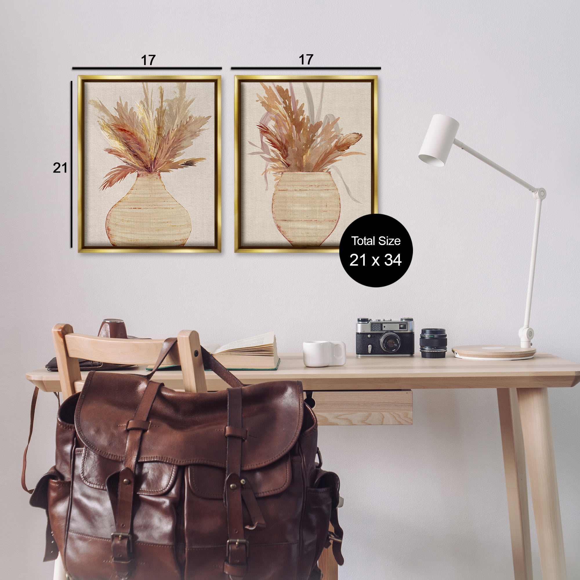 Stupell Industries Potted Feather Pampas Plants & Flowers Painting Gold Floater Framed Canvas Art Print Wall Art, 17 x 21, Set of 2