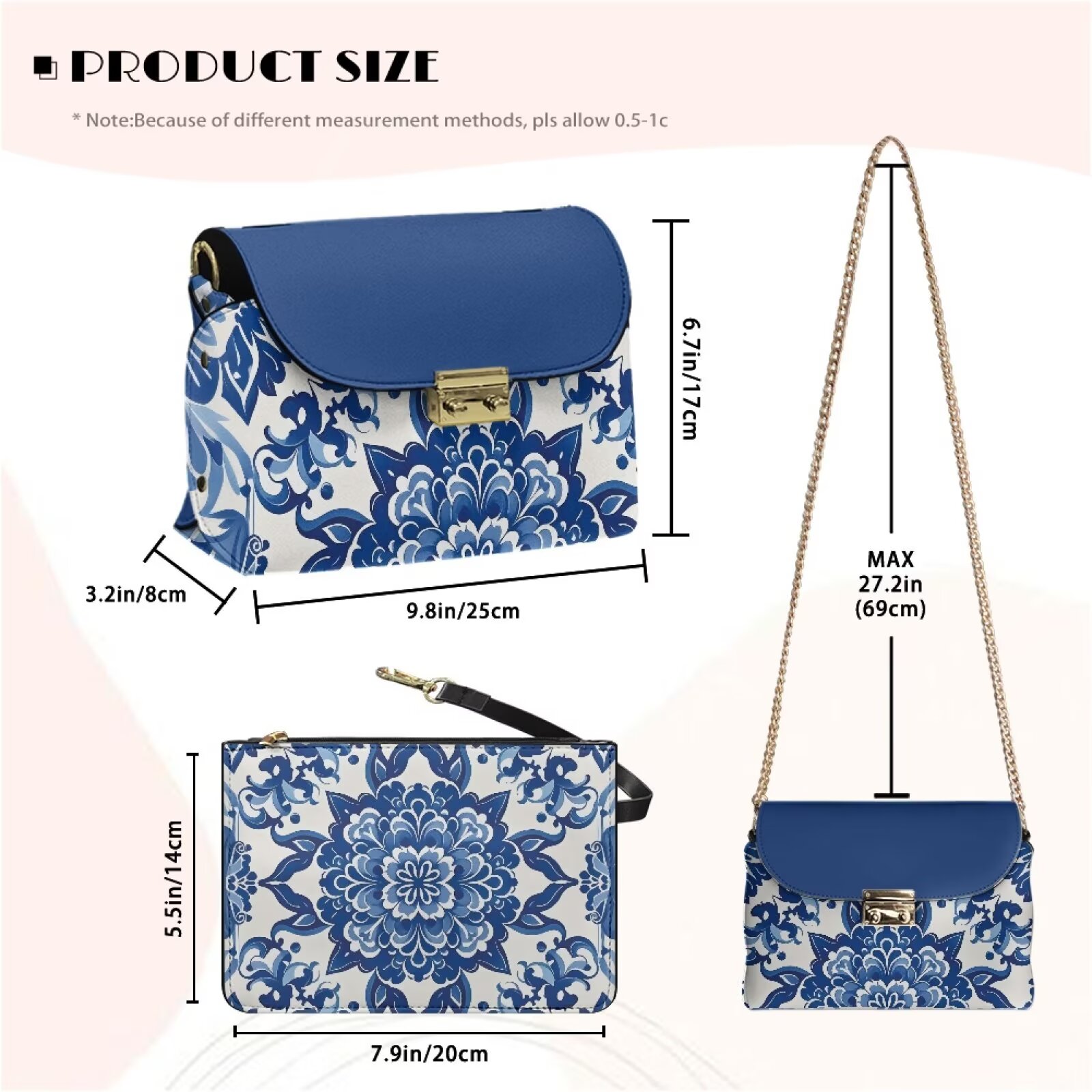 Pzuqiu Blue Mandala Leather Crossbody Bags for Women Trendy Soft Leather Quilted Shoulder Bag with Chain Strap Exquisite Practical Quilted Crossbody Purse for Women