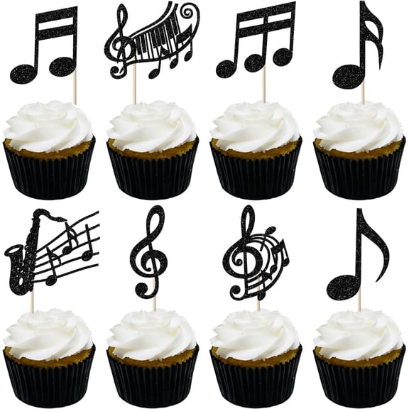 Glitter Black Music Note Cupcake Toppers, Saxophone Piano Theme Party Picks, 8 Count