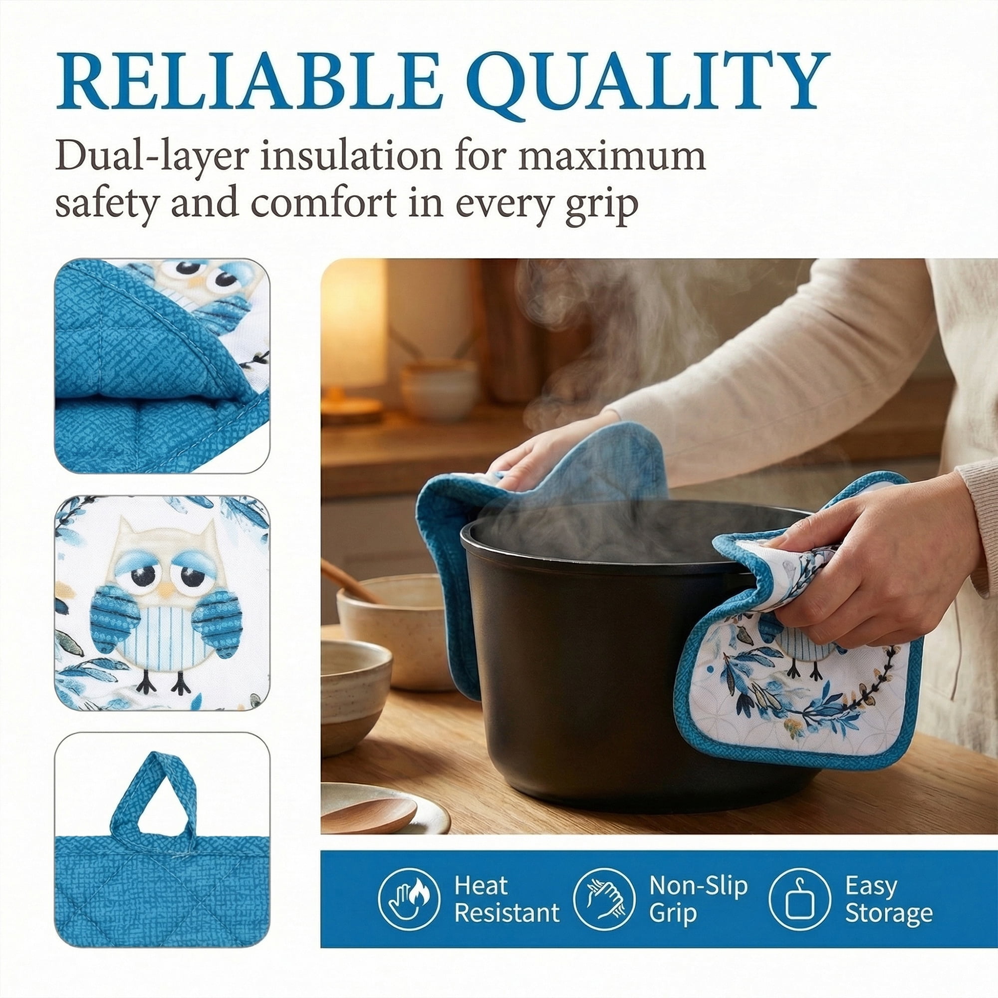 Unique Bargains 2 Pcs Pot Holders, Heat Resistant Trivets for Baking Blue owl 6.5"x7.9"