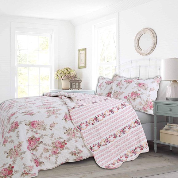 Cozy Line Home Fashions Romantic Pink Peony Flora Cotton Reversible Quilt Bedding Set, Coverlet, Bedspread (Pink Peony, Queen - 3 Piece)