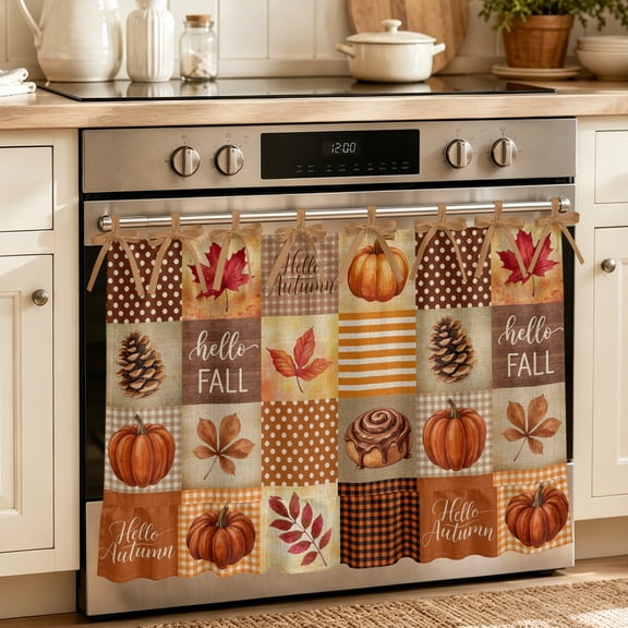 Vintage Hello Autumn Oven Skirt for Farmhouse Kitchen Décor, Thanksgiving Fall Checked Pumpkins Oven Curtain Tie Top Decorative Stove Skirt, Cabinet Dish Washer Curtains with 8 Ribbon Ties 30"x21.5"