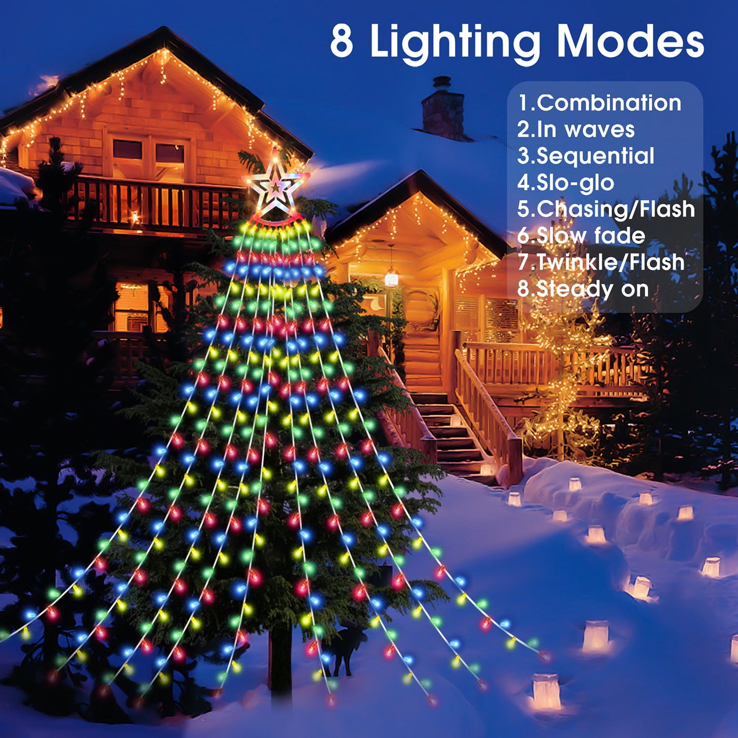 Qunler Outdoor Christmas Decoration Lights, 8 Modes & 350 LED Christmas String Waterfall Fairy Tree Lights Indoor Outdoor Holiday Lighting Decorations, Multicolor, Plug-in