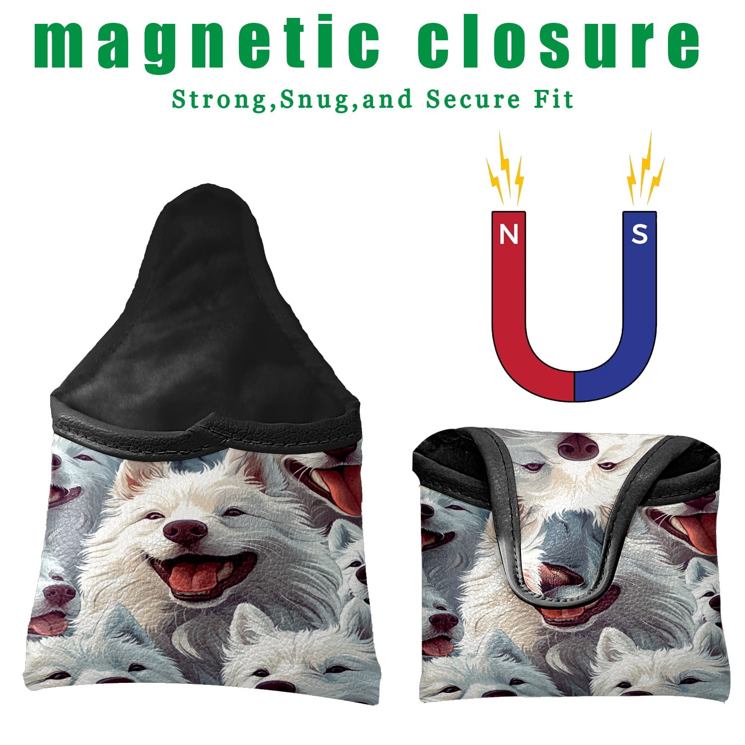 Golf Mallet Putter Cover Premium Leather Waterproof Golf Putter Head Cover with Magnetic Closure Cute Samoyed
