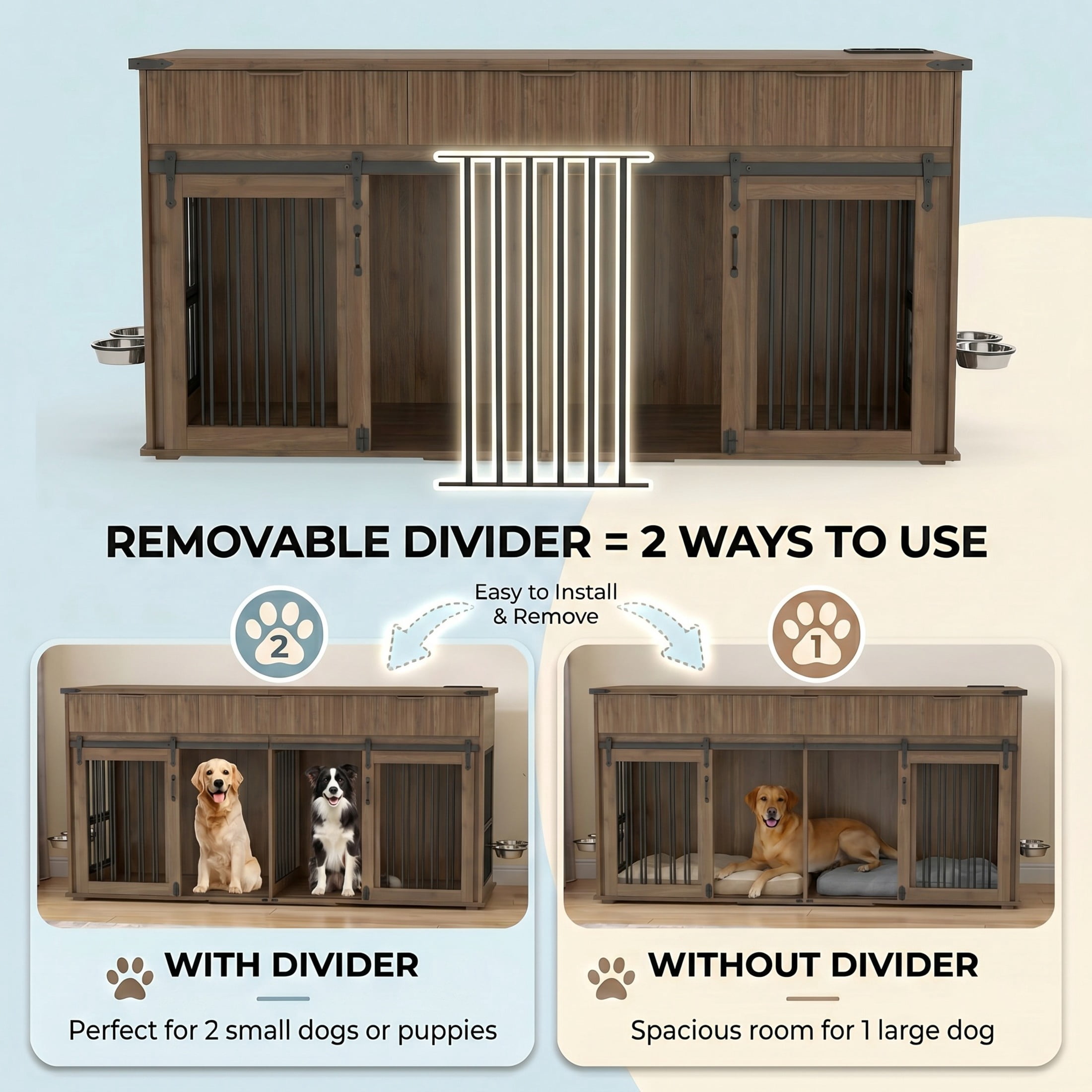 Noble House 71" Double Dog Crate Furniture with Fluted Drawers, Large Kennel with Charging Station, Walnut