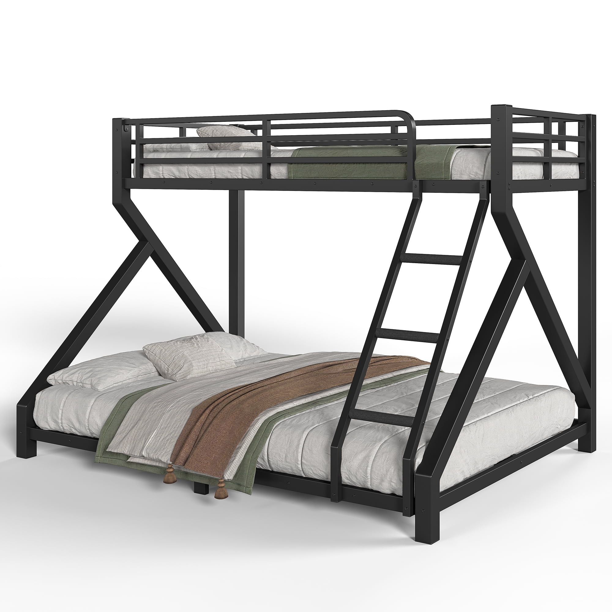 Aukfa Twin XL over Queen Metal Bunk Bed with Built-In Ladders, Low Profile Heavy Duty Bunk Bed with Reinforced Support Slats, No Box Spring Needed, Black