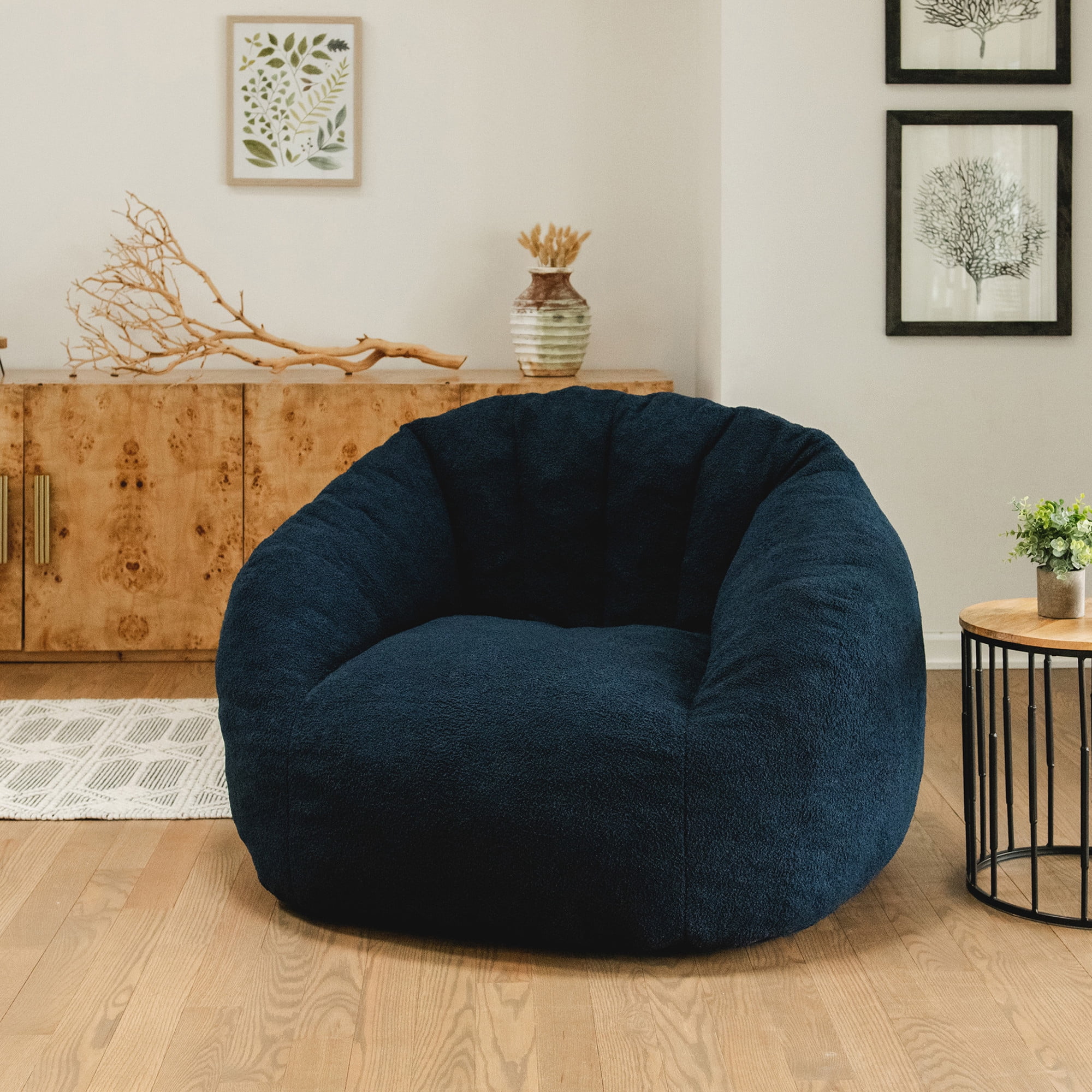 Big Joe Cloudberry Bean Bag Chair, Foam-Filled Structured Seat, Teddy Boucle, Deep Blue, Adults