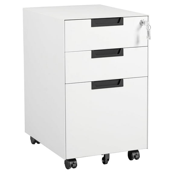 WDZS 3 Drawer Mobile File Cabinet with Lock,Under Desk Metal Small Filing Cabinets for Home Office Organizer Letters/Legal/A4(Fully Assembled Except Wheels-White)