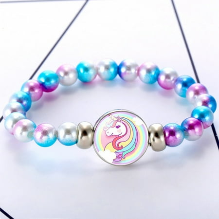 12 Styles Rainbow Unicorn Glass Beads Bracelets & Bangles For Kids Girls Party Accessories Gifts