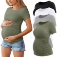 thumbnail image 1 of - Paquete de 4 camisas de mernidad para mujer, cuello redondo, playera de mernidad de manga corta, casual, playera de algodón fruncida, ropa de embarazo, 1 of 5