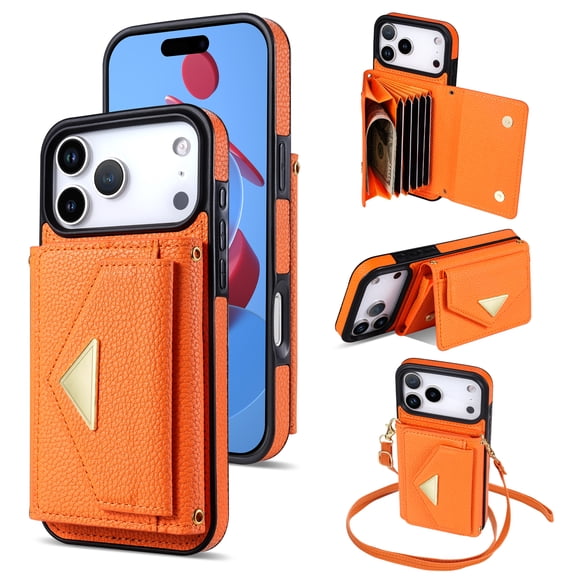 Dteck for iPhone 17 RFID Blocking PU Leather Wallet Phone Case with Detachable Crossbody Strap Flip Folio Protective Cover with Card Slot TPU Inner Shell, Orange