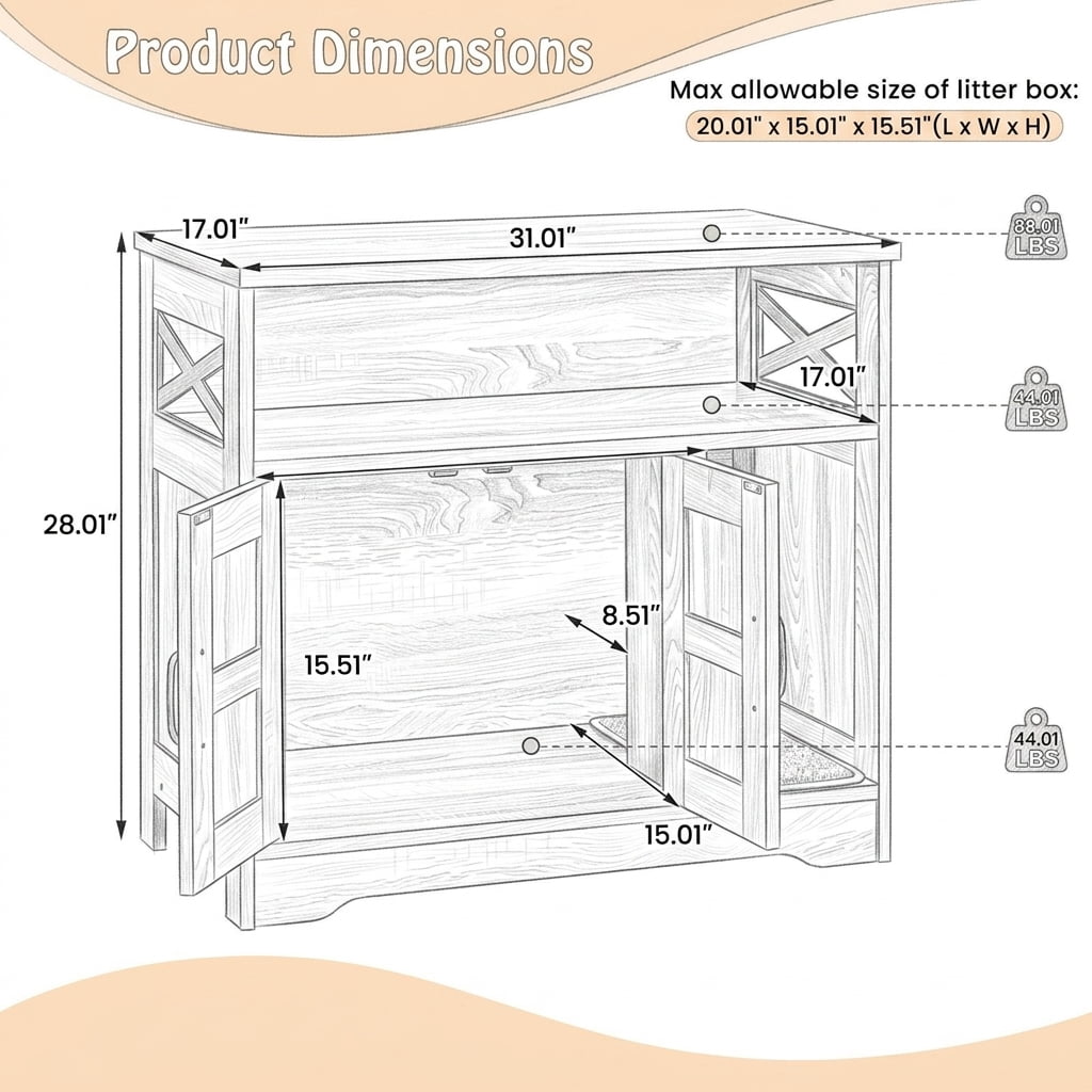 Resenkos Hidden Cat Litter Box Enclosure Furniture with Storage Cabinet, Gray