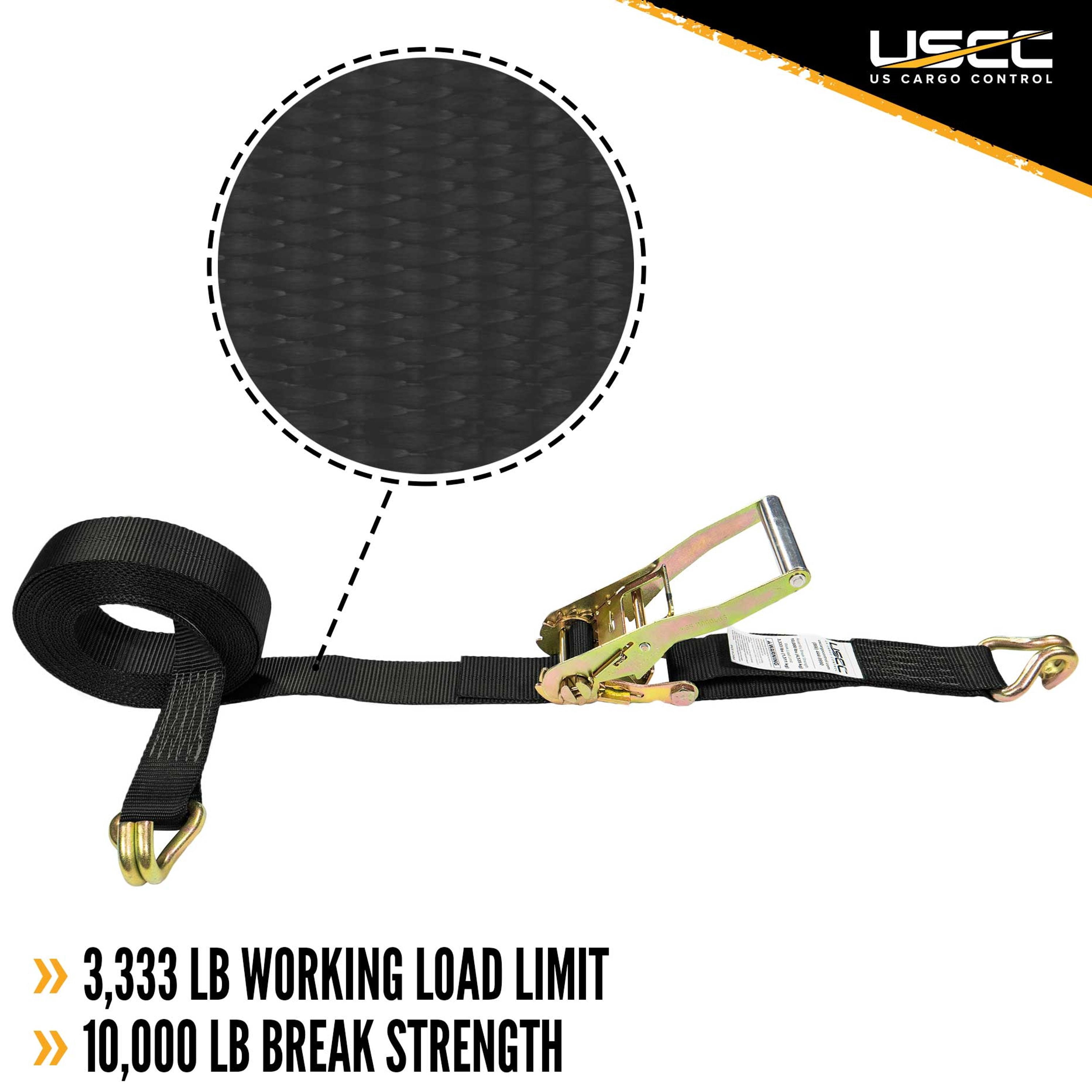 US Cargo Control Ratchet Straps, 2 Inch x 24 Foot Ratchet Strap, 2 Inch Ratchet Strap, Black Ratchet Strap, Wire Hook Ratchet Strap, Tiedown Strap With Double J Hooks, Secure Cargo With Ease